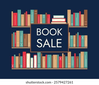 Book Sale with Bookshelves. Isolated bookcase with spines Literature on dark background. Bookstore discount text with encyclopedia, textbook pages. Library Shelves. Flat style. Vector illustration