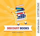 Book sale discount on book lovers day, shopping ad design with shopping cart