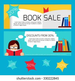 Book Sale Horizontal Banners - Vector Flat Illustrations.