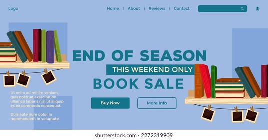 Book sale this weekend only, end of season discounts and promotion for buyers. Reduction of price on publications and textbooks for students. Website landing page, online site. Vector in flat style