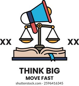 A book with a scale on top of it and an open book with the words "Think Big Move East" written on it. The scale represents the idea of balance and the open book symbolizes the importance of knowledge