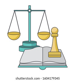 book, scale and pawn chess piece over white background, vector illustration