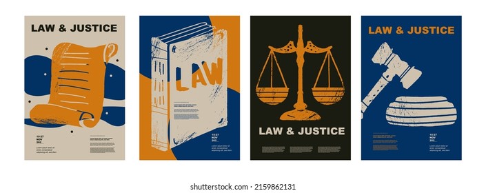 С constitución, libro, escalas, maleta, gavel del juez. Concepto de justicia jurídica. Conjunto de afiches de jurisprudencia en un diseño abstracto. Perfecto para afiches, portadas, pancartas.