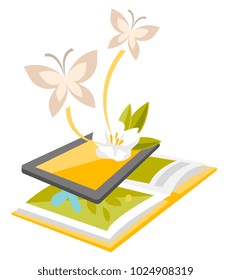 Book scanned by a tablet with augmented reality application vector cartoon illustration isolated on white background.