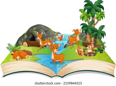 Libro con la escena de los animales por la ilustración de la cascada