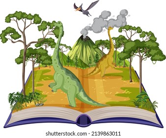 Book with scene of brachiosaurus in forest illustration