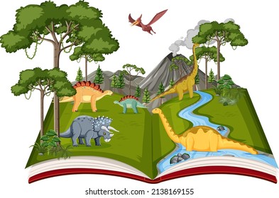 Book with scene of dinosaurs in the forest illustration