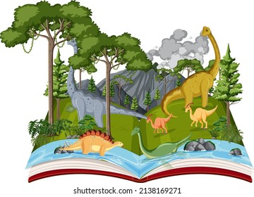 Book with scene of dinosaurs in forest illustration