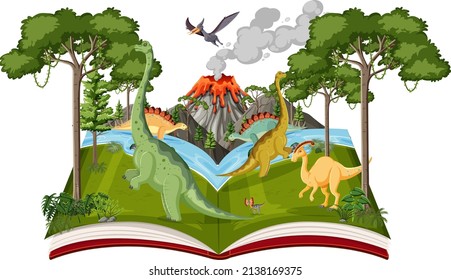 Book with scene of dinosaurs in forest illustration