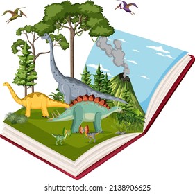 Book with scene of dinosaurs in forest illustration
