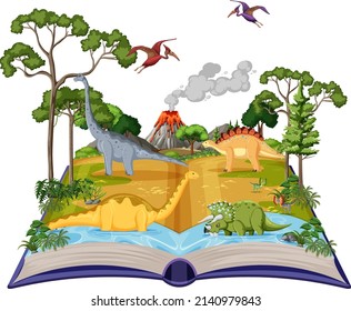 Book with scene of dinosaurs in forest illustration