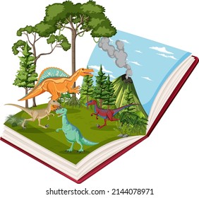 Book with scene of dinosaurs in forest illustration