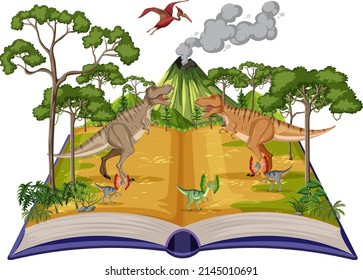 Book with scene of dinosaurs in forest illustration