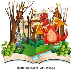 Book with scene of dragon and knight fighting illustration