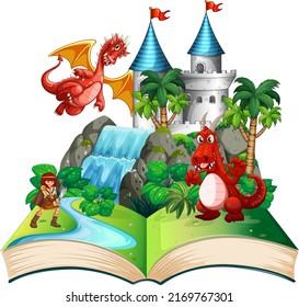 Book with scene of dragon and knight illustration