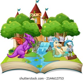 Book with scene of dragons and knight by castle illustration