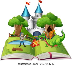 Book with scene of knight and dragon fighting illustration