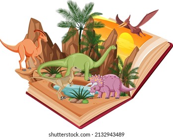 Book scene with many dinosaurs illustration