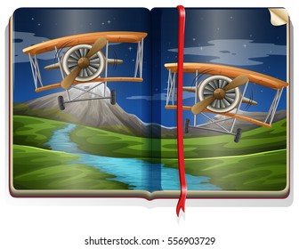 Book with scene of planes flying over river illustration