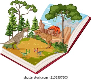 Book with scene of T-Rex fighting illustration