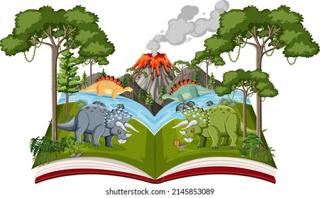 Book with scene of triceratops by the river illustration