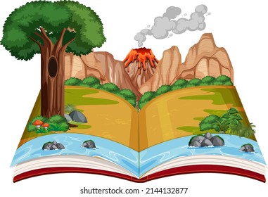 Book with scene of volcano eruption illustration