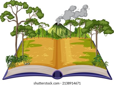 Book with scene of volcano in forest illustration