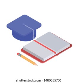 book of school with pencil and graduation hat on white background