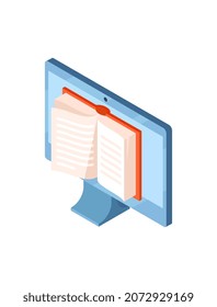 Book in screen. Person receives information through computer. Modern technologies. Education, knowledge, textbook. Electronic library, online store, online sales. Cartoon isometric vector illustration