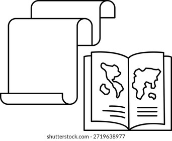 A book and a scroll of paper with a map on it. The scroll is on the left and the book is on the right