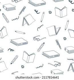 Book seamless pattern. Education symbols. Hand drawn background for book store, reading club, learning, library wallpaper, texture concept design. Doodle sketch style. Vector illustration