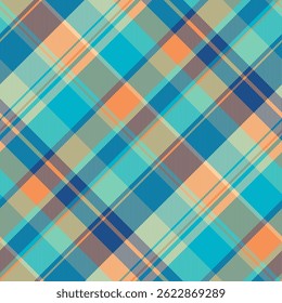 Book seamless pattern texture, down fabric textile vector. Professional tartan background check plaid in orange and cyan colors palette.