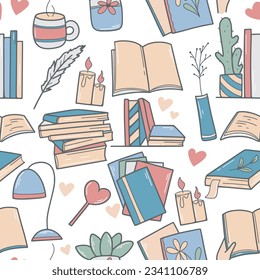 Book seamless pattern vector illustration. Hand drawn background of books, literature, textbooks and learning. Cute print for textile, wallpaper, design doodle sketch style