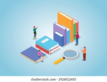 book search concept with books collection and people searching with modern isometric style