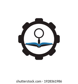 Book Search gear shape concept Logo Template Design Vector. Find book logo design template. Book icon with magnifying glass combination