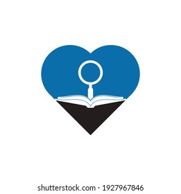 Book Search heart shape concept Logo Template Design Vector. Find book logo design template. Book icon with magnifying glass combination