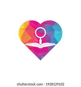 Book Search heart shape concept Logo Template Design Vector. Find book logo design template. Book icon with magnifying glass combination