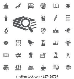 Book Search Icon On The White Background. Education Vector Icon Set