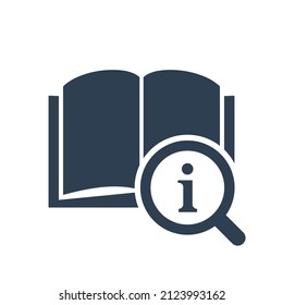 Book Search icon. Pictograph of book and magnifier glass icon. Search concept, reading, reviewing book