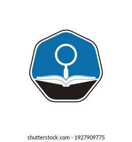 Vector de diseño de plantillas de logotipos de búsqueda de libros. Buscar plantilla de diseño del logotipo del libro. Icono de libro con combinación de lupa