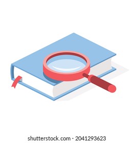 Book search magnifier. Vector 3d symbol, isometric, color web icons, new flat style. Creative design idea, concept for infographics.