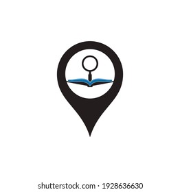 Book Search map pin shape concept Logo Template Design Vector. Find book logo design template. Book icon with magnifying glass combination