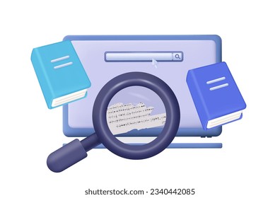 Book search online. Digital library on a computer screen. Magnifying glass, selection, purchase of books in the online store. The concept of education, knowledge, learning new information. Vector 3d.