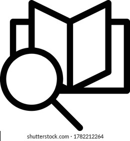 Book search vector icon. Book and magnifying glass in black over white background. 