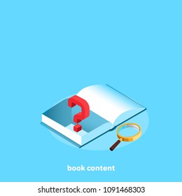 a book with a secret and a magnifier on a blue background, an isometric image