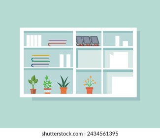 Libro auto con la tabla, el ordenador portátil y la planta de la oficina ilustración plana