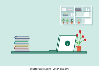 Book self with table, laptop and office plant flat illustration