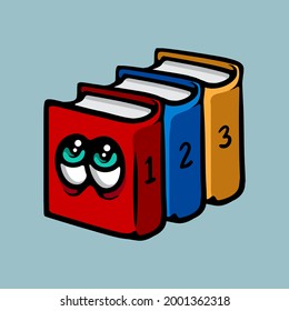 Book series in order. Book character in a row. science, study, school and learning activity. Vector illustration isolated on blue background