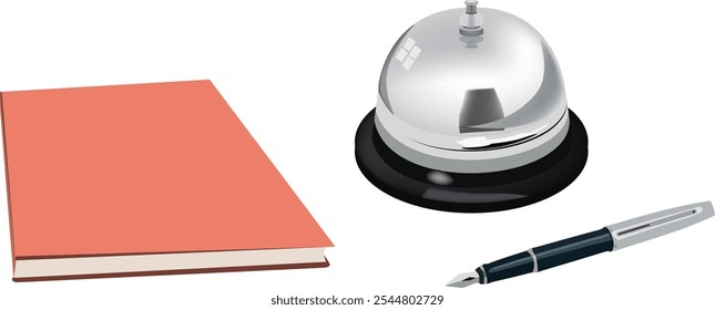 Book, service bell, and fountain pen symbolize hotel check in process, emphasizing prompt service and guest registration