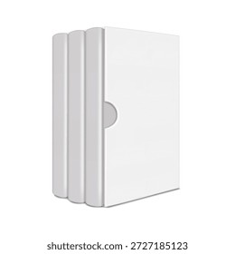 Book set in box packaging. Three hardcover volumes. Realistic 3d vector mockup. White blank closed hard cover books in slipcase. Mock-up. Template for design